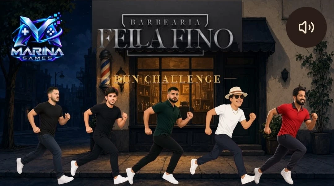 Tela do Fella Fino Run Challenge com cinco personagens diante da barbearia Fella Fino